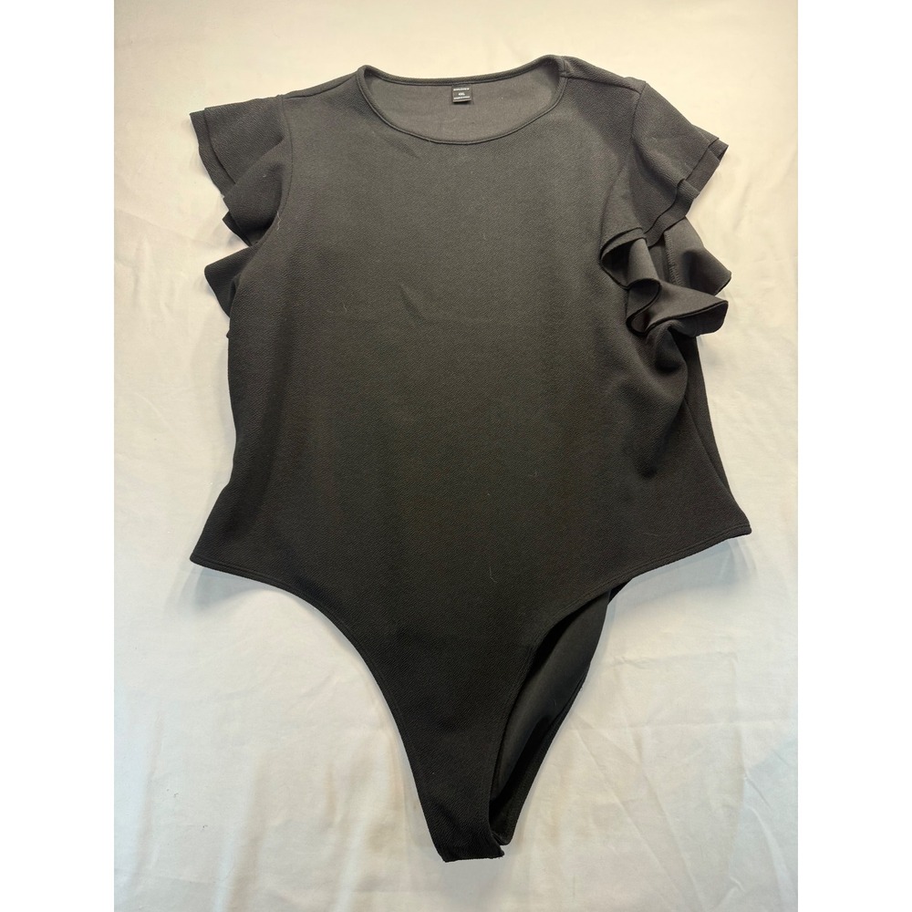EvoluSHEIN Women Plus Size 4XL Black Ruffle Sleeve Bodysuit Textured Crepe Top